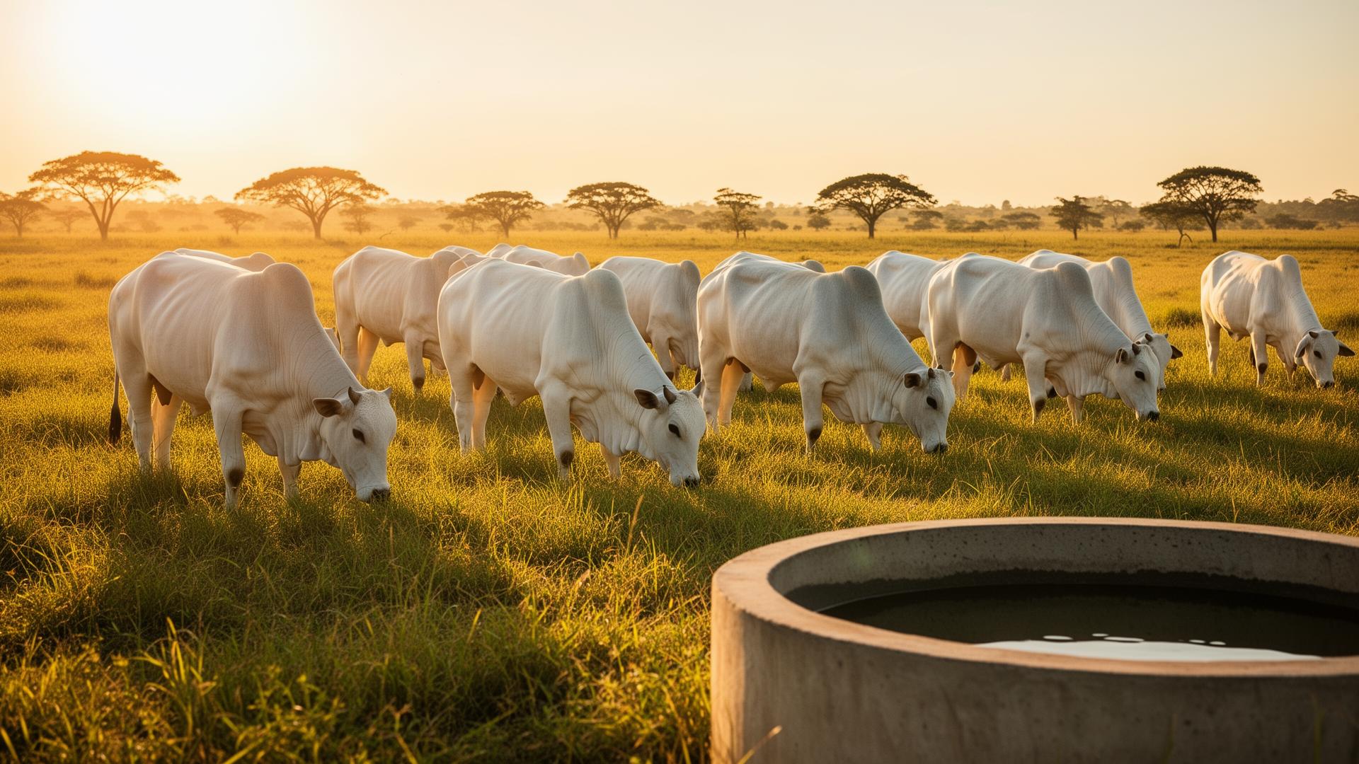 Gado nelore pastando ao entardecer com bebedouro automatizado
